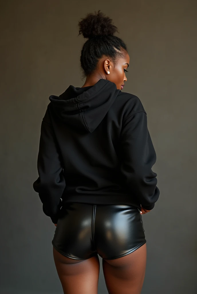 black woman hair in a bun black hoodie black leather short shorts being fucked in the ass by a old grandma in a dress