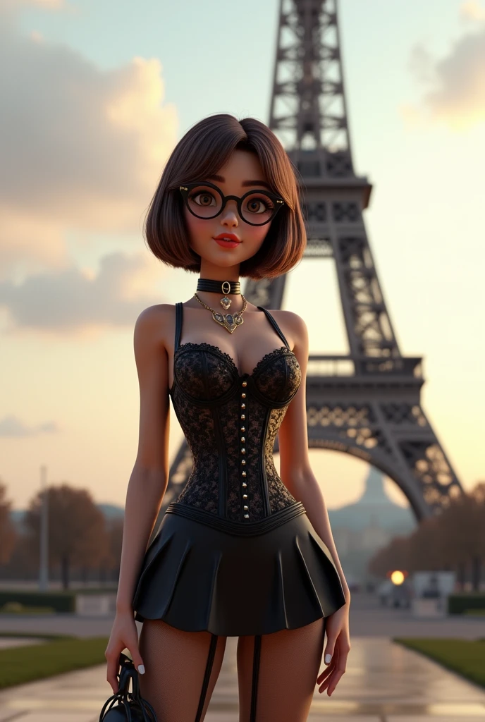 A bob brown haired woman wear round glasses wear a black lace corset, black skirt,
brown tights, black high heels, standing in front of the Eiffel tower in France, 3D animation