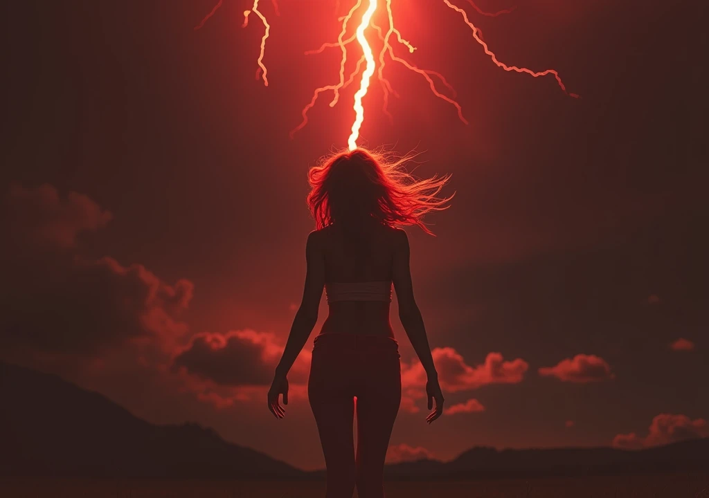 redheaded woman being abducted by a red sky in the middle of a storm and lightning in the sky 