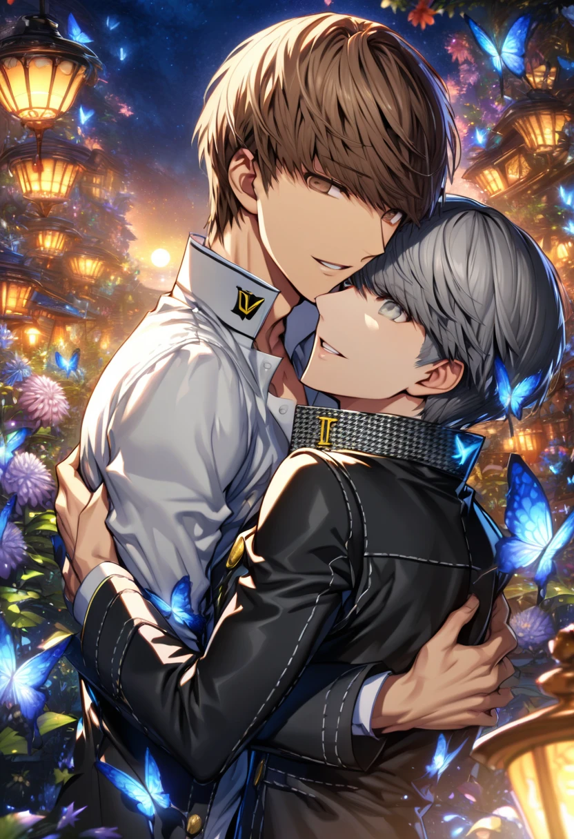 absurdres, highres, ultra detailed, HDR, masterpiece, extremely detailed, detailed eyes, Narukami Yu, gray hair, expressive gray eyes, Persona 4, Hanamura Yosuke, brown hair, expressive brown eyes, two sexy men together, yaoi, gay couple, happy, in love, handsome, adult face, black coat, white shirt, fantasy, garden, blue shining moon, blue glittering butterflies, magical, fantasy, blue chrysanthemum, blue fireflies, water