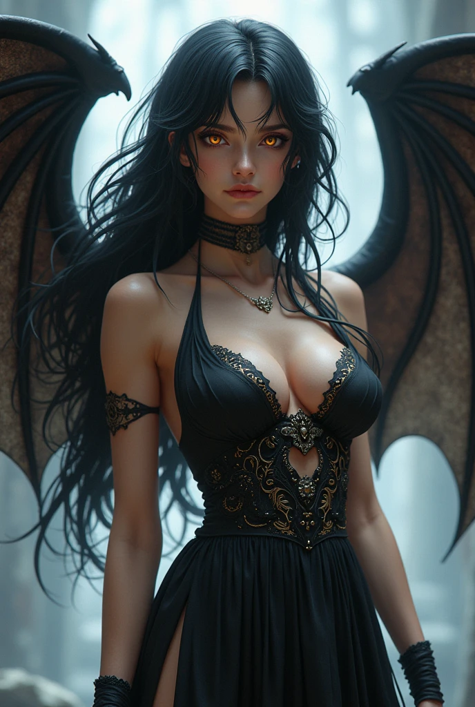 Beautiful adult woman with black hair and amber eyes with perfect curvy anatomy, Black ancient Greek costume with anime style bat wings