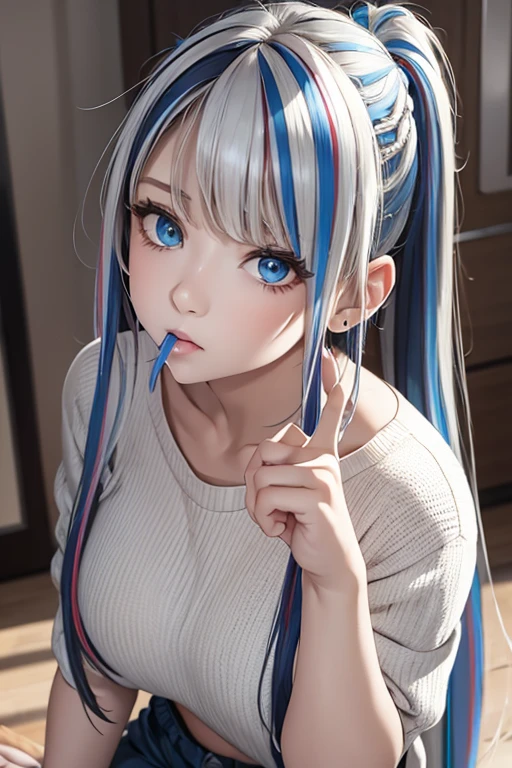 master piece,highres,4K.8k,Realistic,
full body,put index finger on mouth,leaning forward,
Greige hair, ((highlights hair, Blue streaked hair:1.0)),
braided bangs,high ponytail,
glamorous,
full body,full body,full body,
cropped shirt,wool shorts,