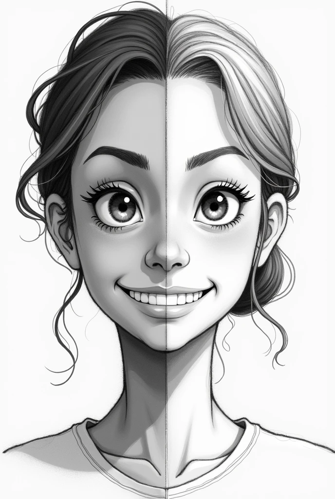 face of a single teacher with double face one where he is happy and the other side of his face is serious, not so detailed drawing
