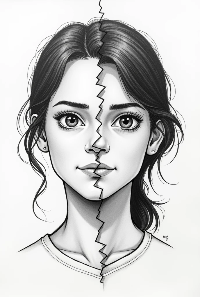 face of a single teacher with double face one where he is happy and the other side of his face is serious, not so detailed drawing