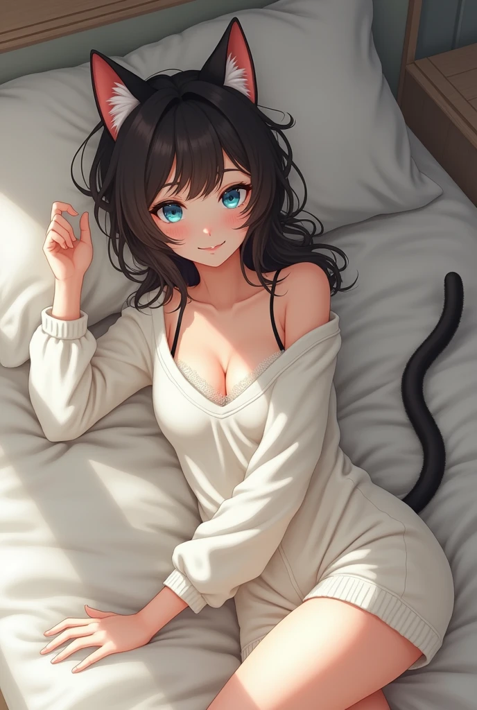 Catgirl lying on a bed, wearing messy white pajamas, blue colored eyes, Caucasian skin, hair arm soft smiling expression, perfectbody, messy white sweater
