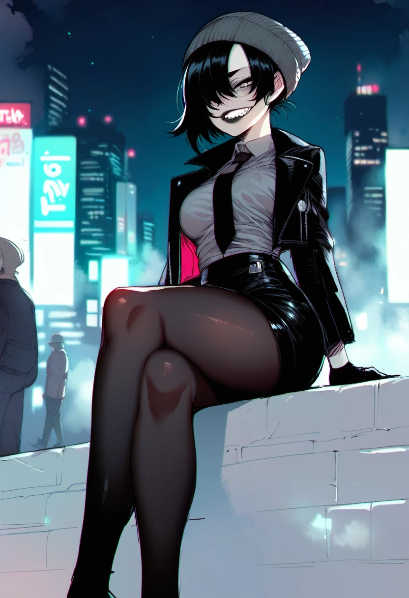 score_9, score_8_up, score_7_up, score_6_up, goblin, green skin, medium breasts, stylish, cinematic, (big lips:0.8), gray eyes, suit jacket, mean face, long necktie, gray shirt, black hair, dark lips, in public, city streets, modern city, noir theme, (shortstack:0.6), black skirt, black pantyhose, night, moonlight, fog, grin, naughty face, black gloves, beanie, sitting, legs crossed, face focus, hair over one eye, sexy legs