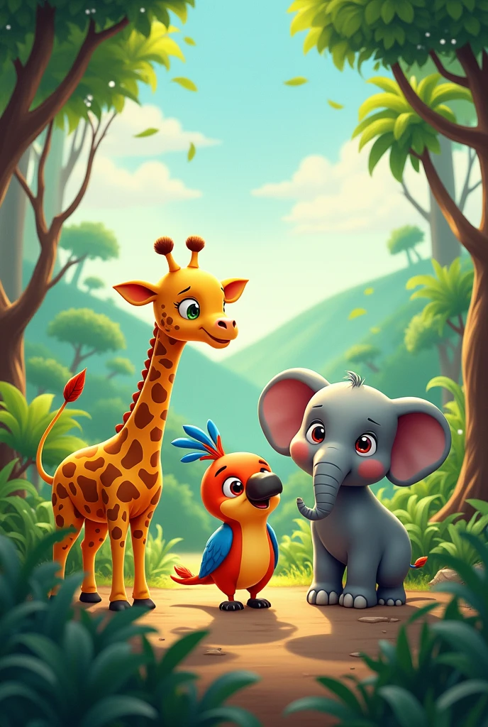 Once Upon a time, in a beautiful safari full of fascinating animals, a very special group of friends. They were Girafina the giraffe, Lolo the parrot, and Eli the elephant. These three friends always played together and had fun telling things they found around their home., the zafari.