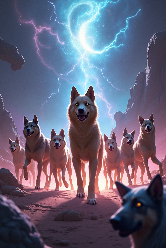 troop of 10 dogs with one in the middle being the alpha of all, the alpha commands the dog pack, and the one in charge is also a dog, now they are after the wizard banana, dogs have powers, and now they are entering another dimension, with cosmic powers, the dogs start looking for the banana in this dimension 