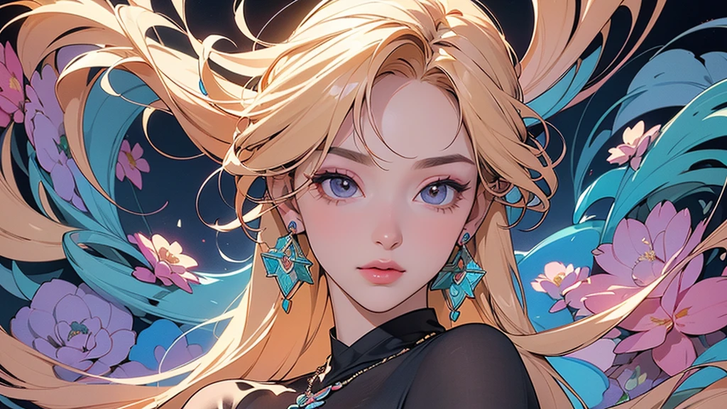 32K, 最高quality, 最高masterpiece, (ultra-Detailed Background, Detailed Background), High resolution, Super detailed, Very detailedな, 1 personの, (bouquet:1.3), (Tangled:1.2), (Geometric:1.2),(colorful),(masterpiece, quality, best quality, Official Art, Beautiful and beautiful:1.2), (1 person:1.3), Very detailed,(colorful:1.1)(Flowers:1.3),Most detailed,(Tangled:1.2), whole body, (Abstract background:1.3), (Skin glows), (Many colors:1.4), ,(Earrings Jewelry:1.5), Gradient Background, It's imaginative., Flaxen Hair,