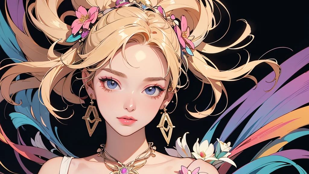 32K, 最高quality, 最高masterpiece, (ultra-Detailed Background, Detailed Background), High resolution, Super detailed, Very detailedな, 1 personの, (bouquet:1.3), (Tangled:1.2), (Geometric:1.2),(colorful),(masterpiece, quality, best quality, Official Art, Beautiful and beautiful:1.2), (1 person:1.3), Very detailed,(colorful:1.1)(Flowers:1.3),Most detailed,(Tangled:1.2), whole body, (Abstract background:1.3), (Skin glows), (Many colors:1.4), ,(Earrings Jewelry:1.5), Gradient Background, It's imaginative., Flaxen Hair,