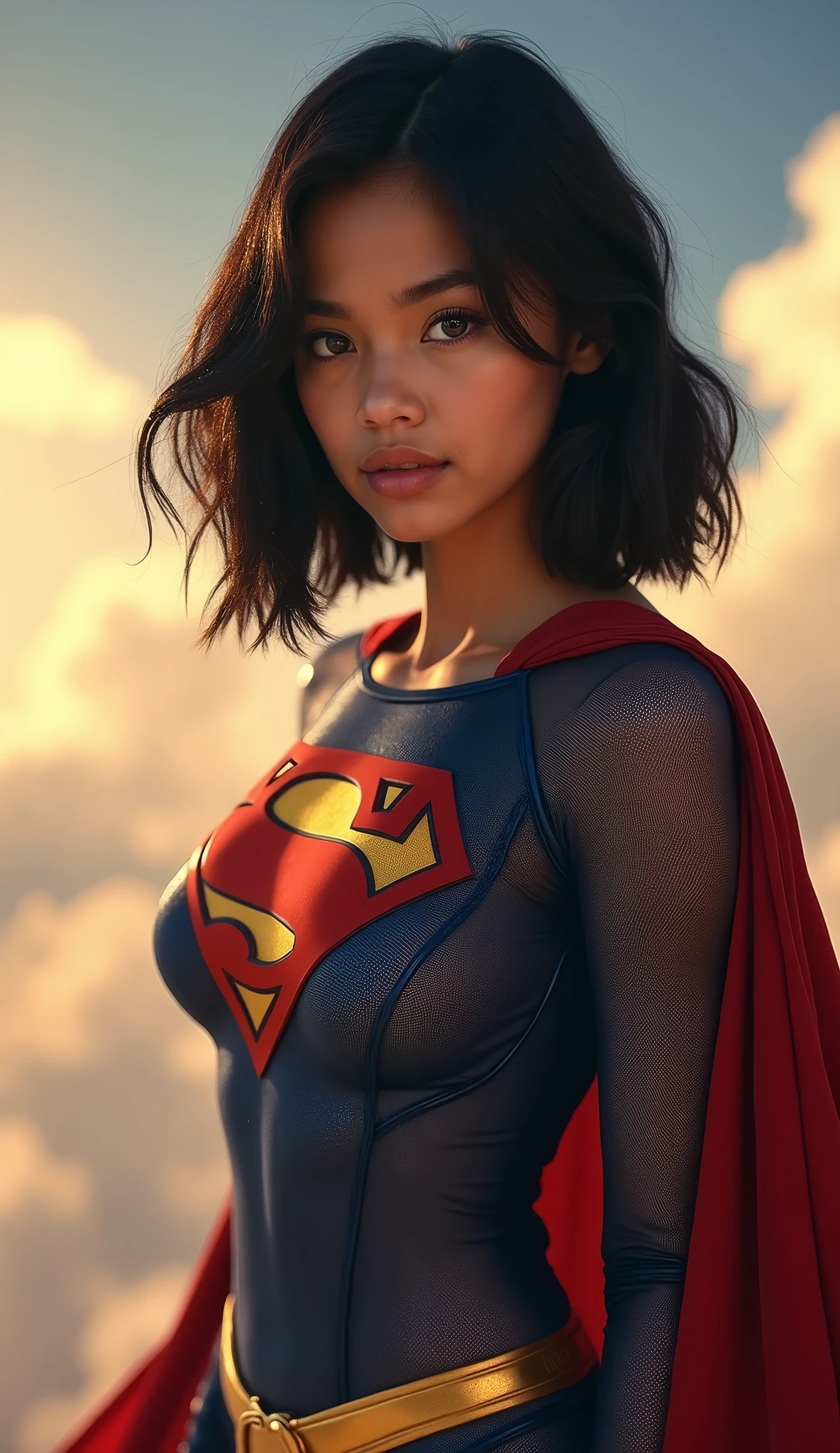 colombian girl, black hair, bob haircut, black eyes, supergirl in transparent tight bodysuit, supergirl costume, sky background, upper body, ultra realistic professional photo, look at viewer, RAW photo