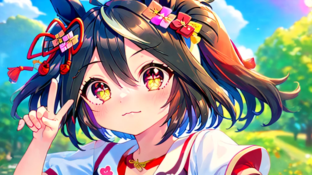 1girl, kitasan black (umamusume), animal ears, horse girl, horse ears, black hair, multicolored hair, red eyes, ahoge, streaked hair, white hair, ,(jewelry eyes:1.2), ultra detailed, perfect light, selfie, ((peace sign:1.2)), (> <:1.2), cute, (((love cute))), (((masterpiece)))