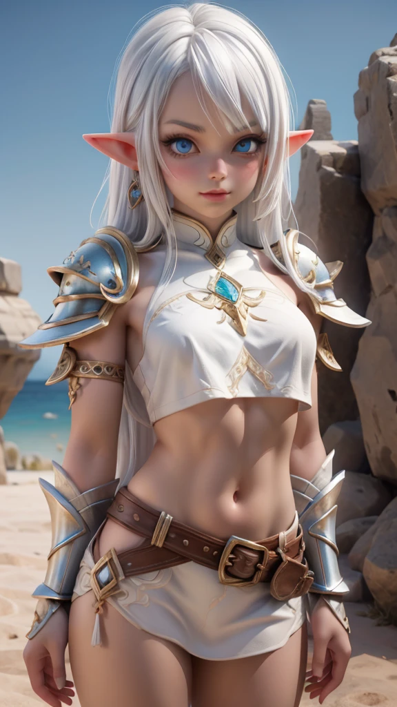 Ariel, upper body portrait, elf, white hair, beautiful, cute skimpy fantasy armor, warrior, midriff, fit, white hair, cowboy shot, desert background, realistic fantasy ,concept art
