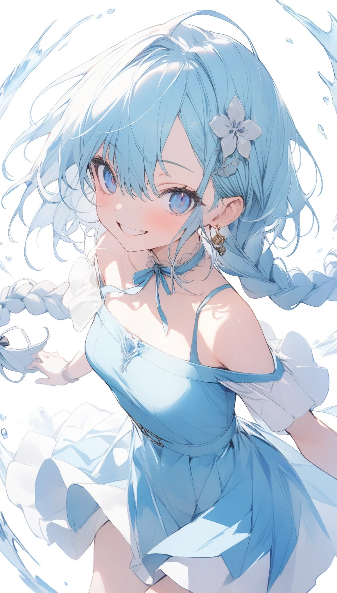 {{masterpiece}}, The best quality of life, 超High resolution, Attention to detail, high quality, High resolution, 最high quality, 4K, 8k,Attention to detail、BREAK、 Cyan hair、asymmetrical bangs、Soft waves、long braid、BREAK、One Woman、Small breasts,BREAK,Persian Blue Eyes,Perfect Eyes、smile, happy、BREAK,((White background))BREAK、mini skirt、off-shoulder-tops、cleavagte、hair ornament、during、circle earrings、BREAK、Cowboy Shot、Watching Me