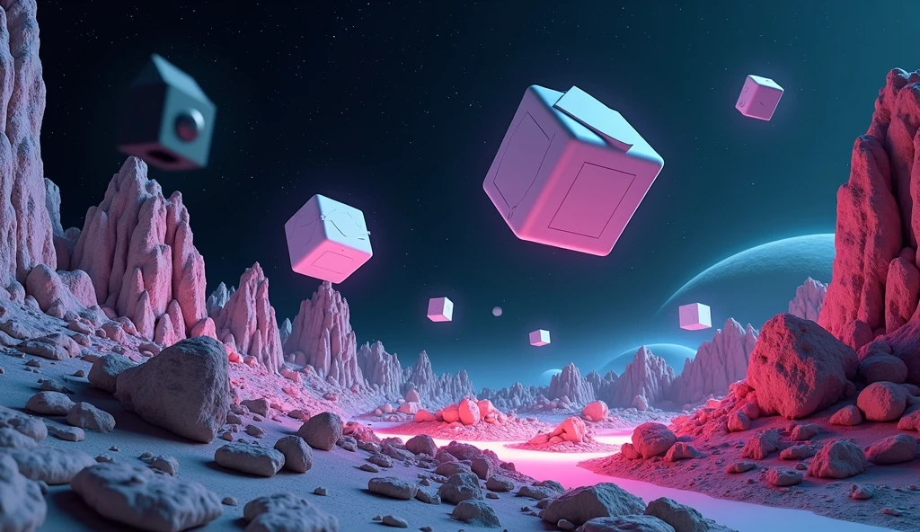 Floating geometrical 3D shapes levitating above ground on a weird landscape filled with old mechanical parts remnants from past civilization. Odd shapes of rock formations are scattered around with glowing neon lights emerging from the ground. It's night time and you can see deep space with pitch black sky with millions of stars and planets. Realistic, hyperrealism, high resolution, 4k hdr, volumetric lighting, extreme quality, sharp details, extremely detailed render. Photography, Photorealistic, realism, extreme detail, high quality graphics, ultra realistic, hyperrealism, high resolution, extreme quality, masterpiece, 4k hdr
