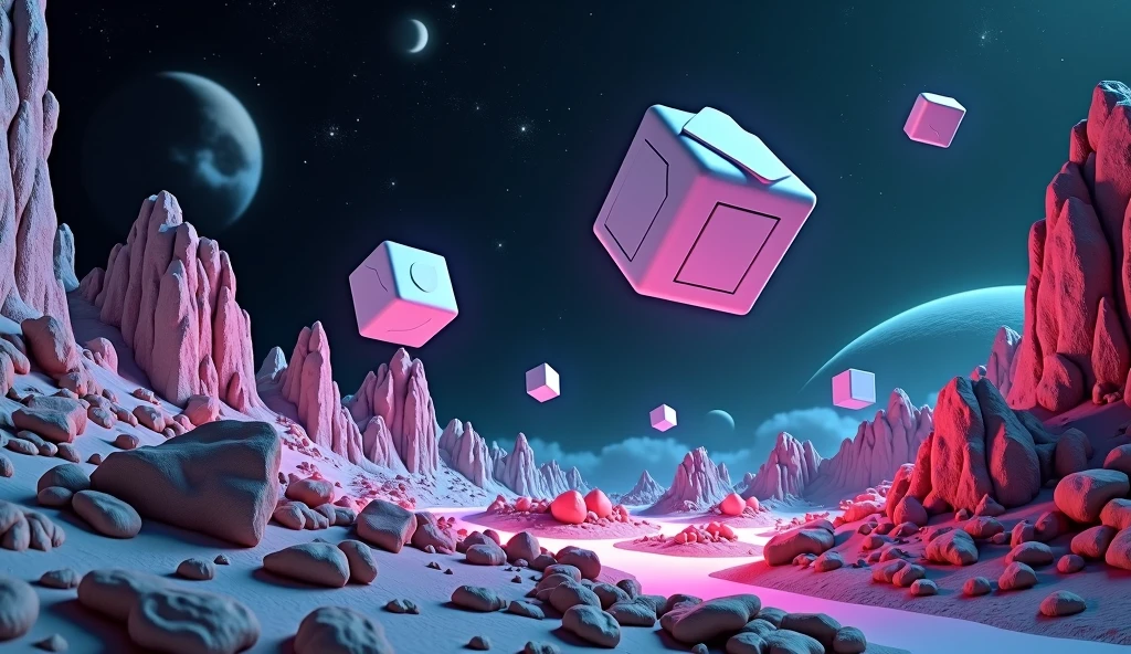 Floating geometrical 3D shapes levitating above ground on a weird landscape filled with old mechanical parts remnants from past civilization. Odd shapes of rock formations are scattered around with glowing neon lights emerging from the ground. It's night time and you can see deep space with pitch black sky with millions of stars and planets. Realistic, hyperrealism, high resolution, 4k hdr, volumetric lighting, extreme quality, sharp details, extremely detailed render. Photography, Photorealistic, realism, extreme detail, high quality graphics, ultra realistic, hyperrealism, high resolution, extreme quality, masterpiece, 4k hdr