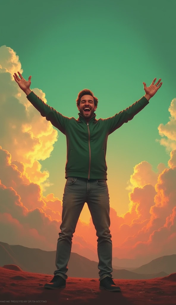 A man person who is laughing as if free from problems, a confusing atmosphere with a unique panoramic background, there is a reddish green bias in the sky and an atmosphere that is rarely known to humans man.
