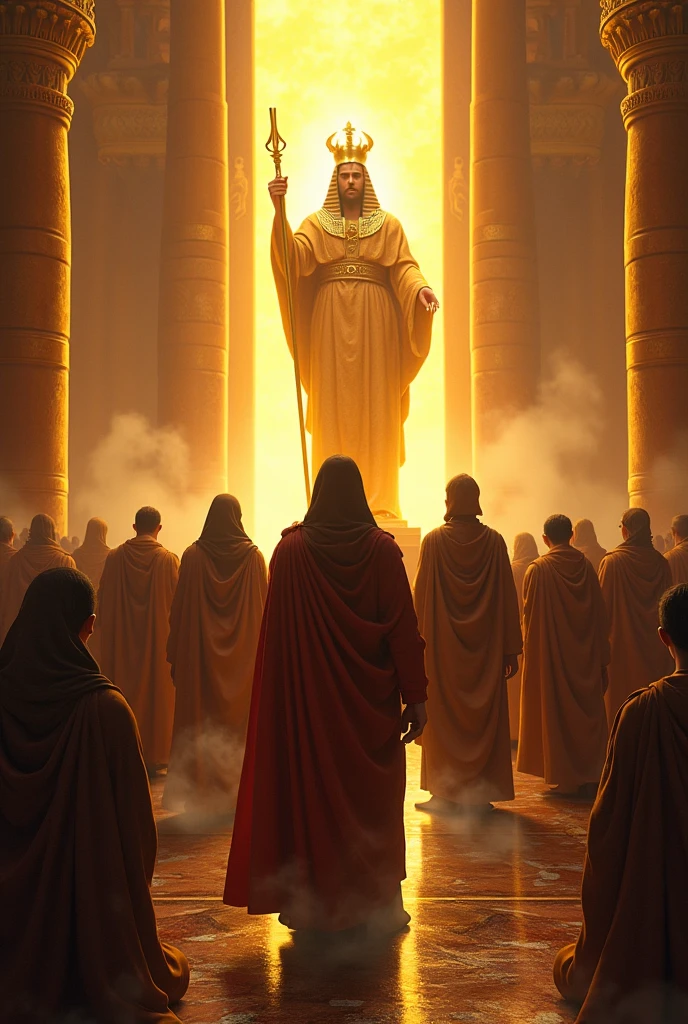 Create a dramatic and vibrant scene that shows Shadrach, Meshach and Abednego desafiando o decreto do rei. En el centro de la imagen, highlight the three young Hebrews, firm and standing, visibly determined and courageous, while everyone around him is kneeling in worship before a large, imposing golden statue of the king. The contrast between the three young men and the kneeling crowd must be striking.. The scene should convey an atmosphere of tension and bravery.. The background should show a grand and opulent environment, with the statue of the king in the spotlight and the crowd of kneeling subjects, reflecting the oppressive and authoritarian environment of the palace. Be sure to capture the expression of steadfastness and faith on Shadrach&#39;s face., Meshach and Abednego, contrasting with the submission and fear of others."