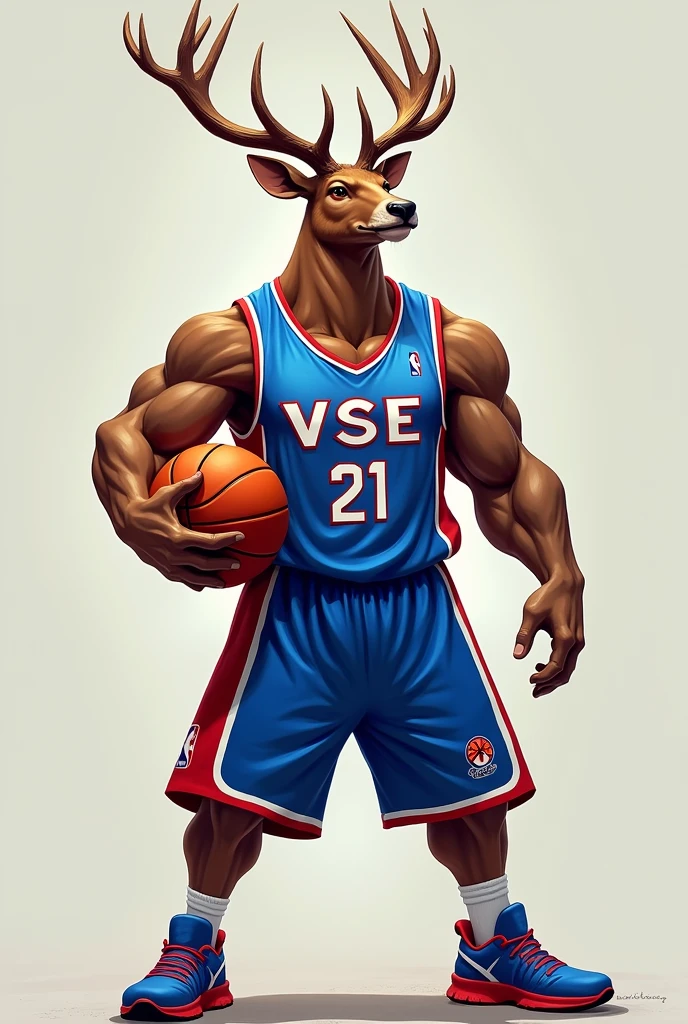 Muscular deer wearing a basketball jersey with the letters VSE on it, blue in color, Red and white. Holding a basketball 