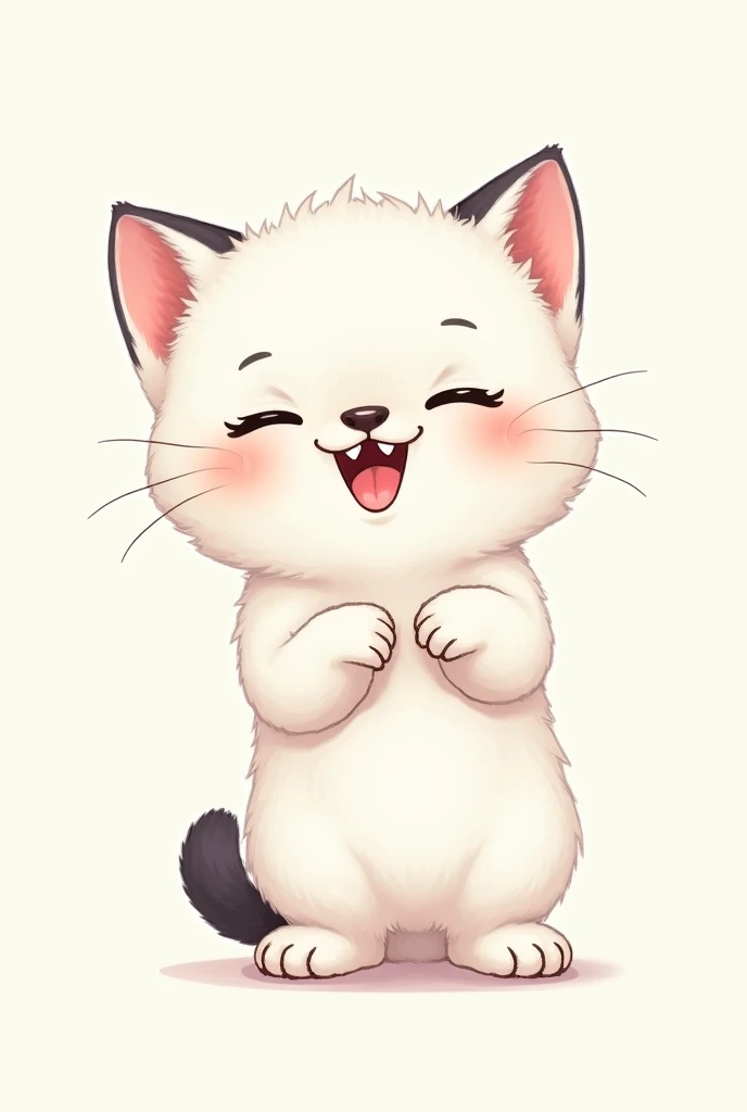 A white kitten with a black and brown mouth ,showing her pink little paws , standing and showing his fangs and looking happy ,drawing