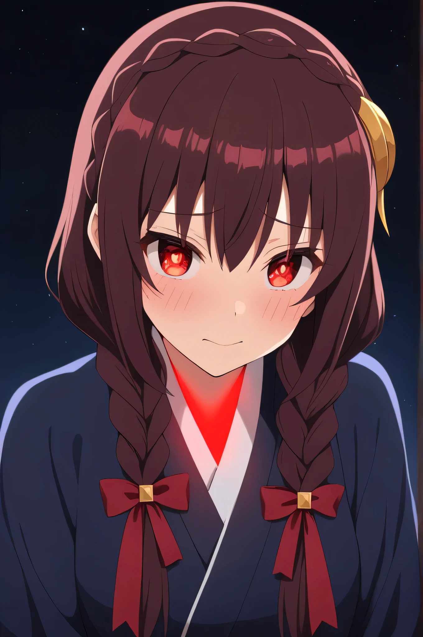 alone, One person, Yunyun, (Mouth open)、 (Embarrassed look:1.8)、Crown braids of the same color as your hair, (Glowing red eyes:1.8)、(eyes shine red:1.8)、hair ornaments,(Pale blue kimono with red floral pattern and red obi、Starry Sky、(Eyes glowing red in the darkness:1.8)