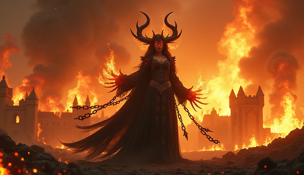 (extremely detailded 8k wallpaper) +, a medium shot of a demonic sorceress conjuring fire on a burning and destroyed village, various burning chains around her,intrikate, high détail, Dramatic, Masterpiece of best quality, photorrealistic, detailded, 8k, HDR, backlight, flowering, Chromatic aberration, sharp focus, Post-apocalyptic,