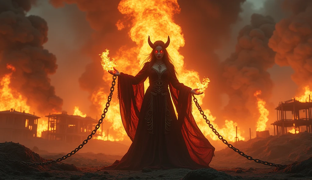 (extremely detailded 8k wallpaper) +, a medium shot of a demonic sorceress conjuring fire on a burning and destroyed village, various burning chains around her,intrikate, high détail, Dramatic, Masterpiece of best quality, photorrealistic, detailded, 8k, HDR, backlight, flowering, Chromatic aberration, sharp focus, Post-apocalyptic,