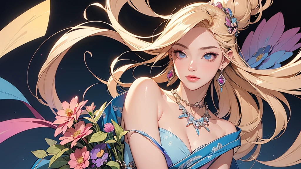 32K, 最高quality, 最高masterpiece, (ultra-Detailed Background, Detailed Background), High resolution, Super detailed, Very detailedな, 1 personの, (bouquet:1.3), (Tangled:1.2), (Geometric:1.2),(colorful),(masterpiece, quality, best quality, Official Art, Beautiful and beautiful:1.2), (1 person:1.3), Very detailed,(colorful:1.1)(Flowers:1.3),Most detailed,(Tangled:1.2), whole body, (Abstract background:1.3), (Skin glows), (Many colors:1.4), ,(Earrings Jewelry:1.5), Gradient Background, It's imaginative., Flaxen Hair,