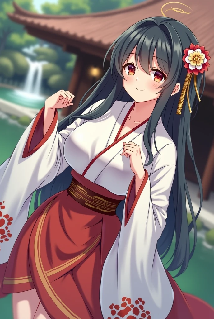girl in white and red shrine maiden, enchanting, Flower in hair, long hair, refined movements, At a hotspring, lots of super detailed cleavage, angelic smile, defined curves, playfully flirting.