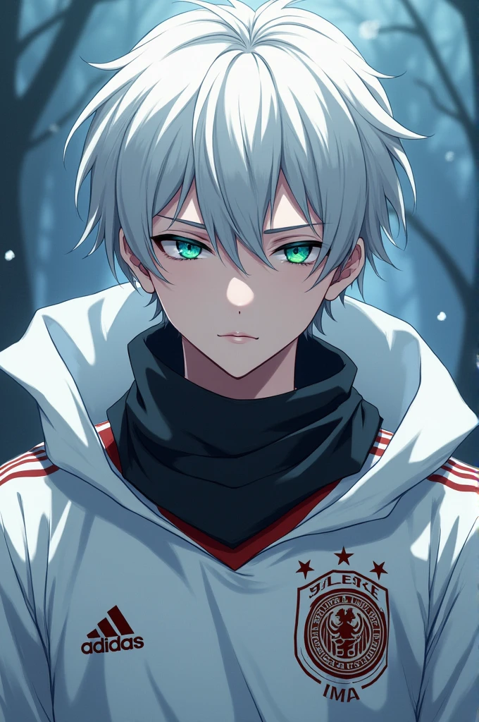 A male character with short white hair, one green eye and one blue eye with a black scarf, a white cape and a Germany shirt from the Germany national team, anime style.