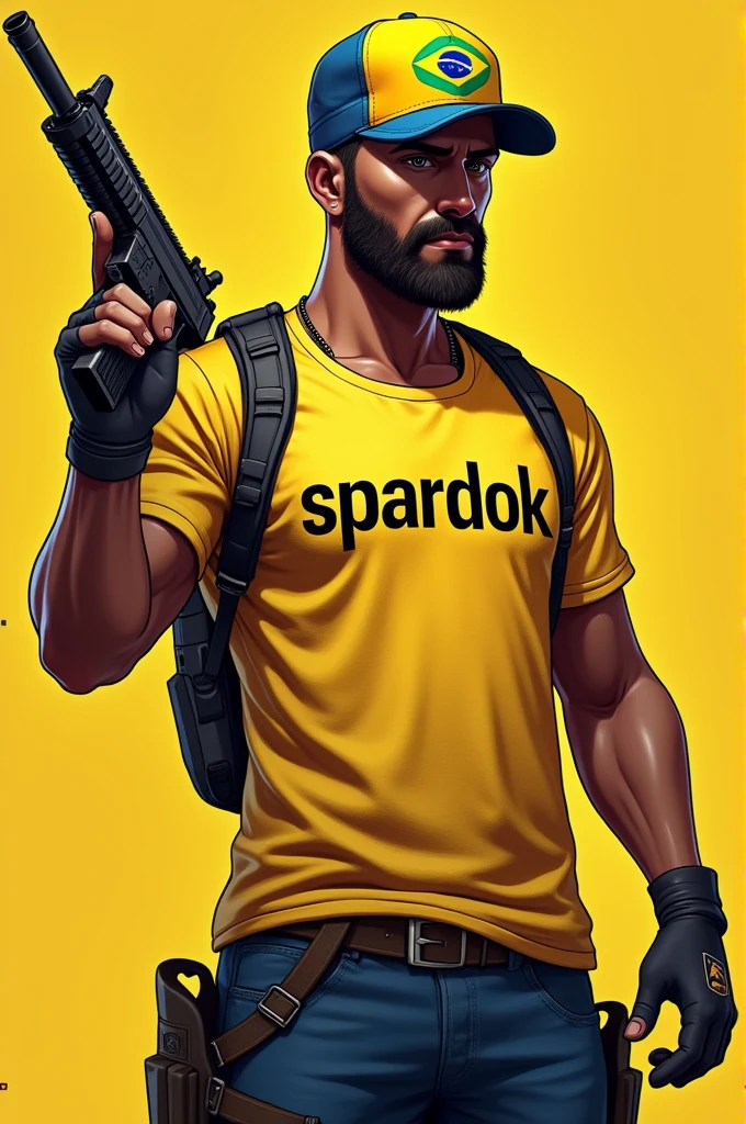 ((best quality)), ((masterpiece)), (detailed), perfect face a free fire game character wearing a yellow Brazil t-shirt with the word sspardok written on the cap with the word separdok and also illustrated with a gun holding it behind him having half brown skin wearing stripes is free fire behind the word Garena and the word YouTube