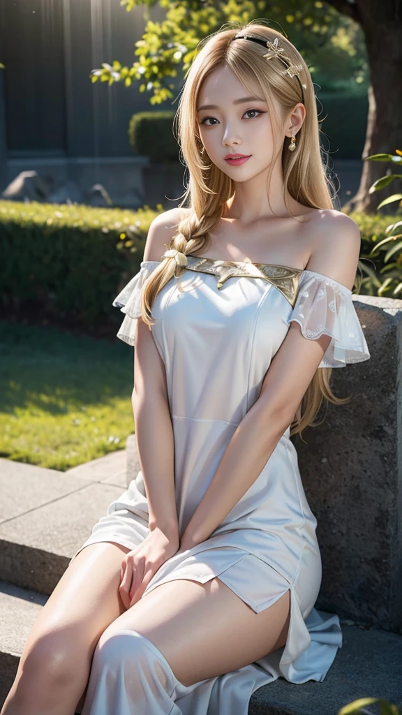 Close-up of face, Face Shooting, (White Dress :1.7), Short witch skirt, Long streamers, blond, blond hair, (Gold pattern quality:1.3), woman, Has long blonde hair, Off-shoulder, Top-level detailed CG quality 4K wallpaper, master, A masterpiece, portrait, middle, Watch the video, Beautiful Chinese-Korean mixed-race idol, ((Very delicate face, Detailed description of facial features)), Bitten lip makeup, sweet smile, Perfect facial features, Model Diagram, Good skin tone, Tree, Branches, Golden meadow, stream, Gold Leaf, night, twilight, Sunset, twilight, autumn, Double braid, Hair, side fringe, Headband, Hair accessories, Forehead Gem, Porphyra, crescent Hair accessories, fish Hair accessories, Ji Qie, Low Ponytail, realism, Divine Light, spark, Movie Lighting, lens flare, Ultra HD, High Detail, high quality, high resolution, best quality, 8K, 16K, High Detail, high quality, Super Detail, Anatomically correct, masterpiece, precise