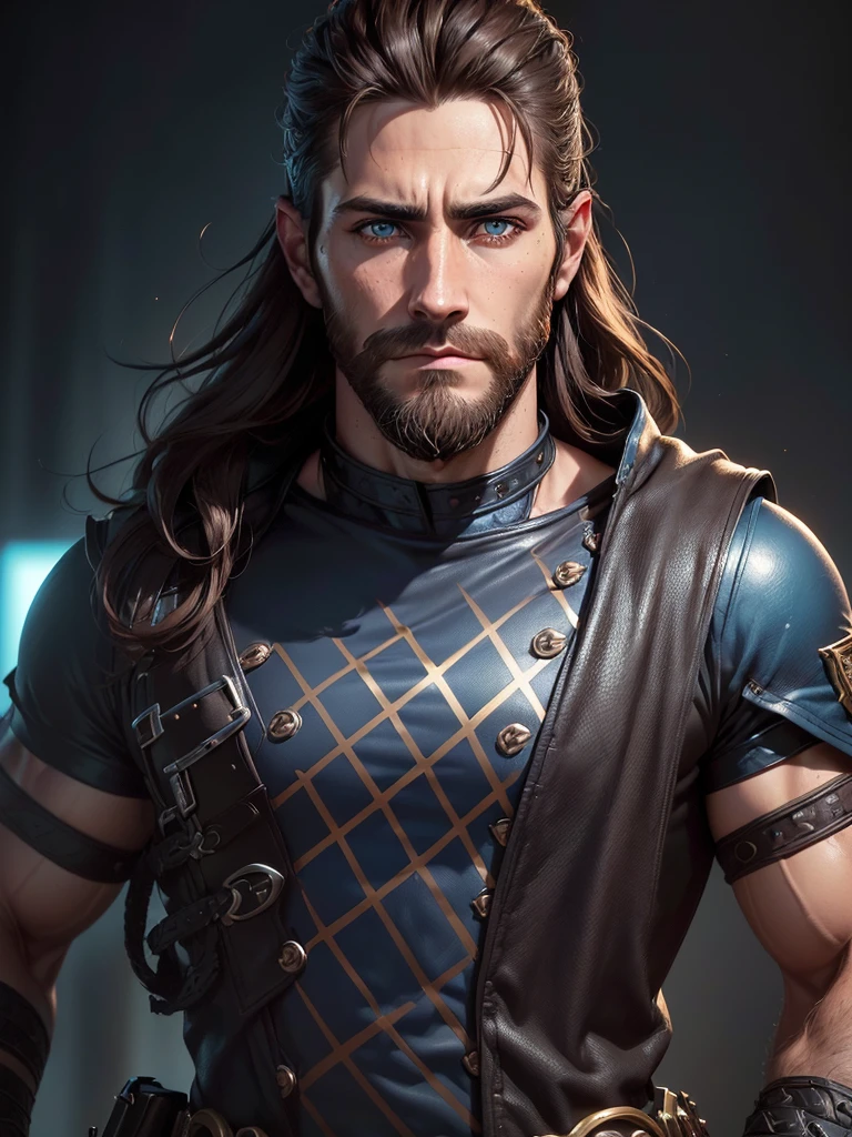 ((An attractive man with perfect body with dark brown hair and blue eyes with a serious and mysterious look)), (Jake Gyllenhaal), ((one man)), (((Wearing rockstar band clothes))), (((punk style))), ((absurdres)), (masterpiece 1.3), (incredibly detailed), (highres:1.1), (high detailed skin:1.4), (high quality lighting), (skin texture), (UHD), (64K), (studio lighting), (photorealistic), (hyper realistic), (symmetric face), (unreal engine), (bokeh), (high resolution scan), (professional photograph), ((stunning handsome man)), ((short beard)), ((stoic)), ((stern looking)) , (dastan character game), ((symmetrical eyes)), (strong jawline), (blue eyes), (dark brown hair), (Long hair), (1man), (solo), (dark atmosphere), (Dynamic poses)