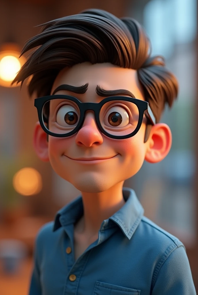 Cartoon character of a man wearing black glasses and a blue shirt, um personagem animado, Caractere estilizado, animation style rendering, 3D estilizado, Arnold Maya render, 3 d render stylized, toon render keyshot, Personagem 3D, Personagem 3D, 3d rendering stylized, 3 d character render, personagem de desenho animado, Personagem de close up, Pose de personagem, (Estilo Pixar) (master part:1.2) (Bokeh) (best quality) (pele detalhada) (textura detalhada) (8k) (argila) (Cinematic lighting) (foco nítido,Senta e vaza a parte superior do corpo
