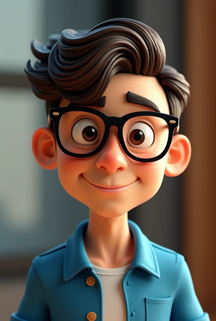 Cartoon character of a man wearing black glasses and a blue shirt, um personagem animado, Caractere estilizado, animation style rendering, 3D estilizado, Arnold Maya render, 3 d render stylized, toon render keyshot, Personagem 3D, Personagem 3D, 3d rendering stylized, 3 d character render, personagem de desenho animado, Personagem de close up, Pose de personagem, (Estilo Pixar) (master part:1.2) (Bokeh) (best quality) (pele detalhada) (textura detalhada) (8k) (argila) (Cinematic lighting) (foco nítido,Senta e vaza a parte superior do corpo