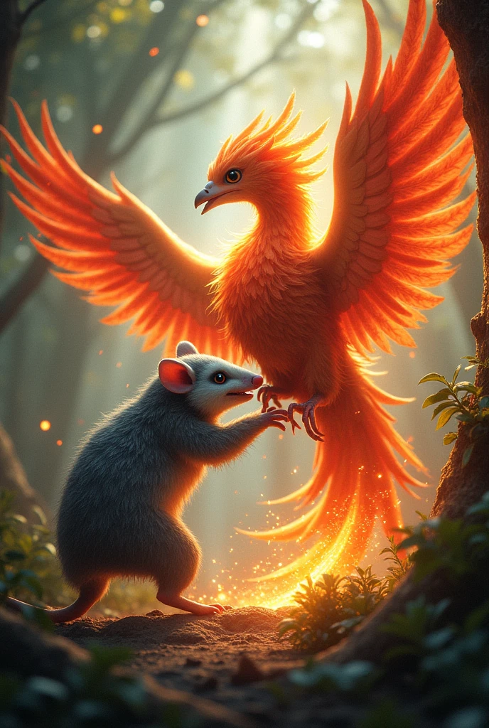 A possum and a phoenix fighting together