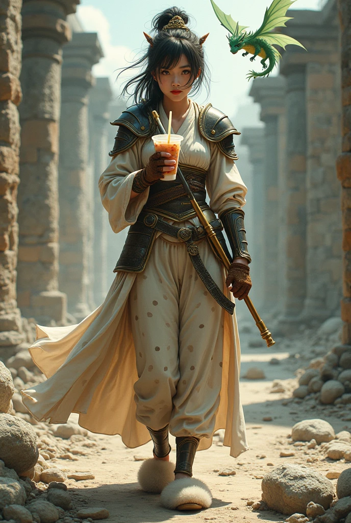 Create a hyperrealistic of an image of a disheveled Asian woman with slightly messy hair, wearing old polka dot pajamas and fluffy slippers, standing in ancient ruins wielding a double-bladed pole weapon, wearing medieval armor with gold accents, brown gloves, exuding an air of nobility and readiness for battle, while holding boba tea, with a backdrop of crumbling ruins. There’s a baby green dragon flying around.