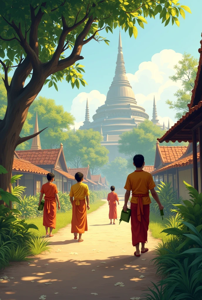 An outdoor scene in a traditional Thai village during the 'Ha Khao Pradap Din' ceremony. Villagers dressed in traditional Thai clothing are placing small bundles of rice wrapped in banana leaves (known as 'ha khao') on the ground near trees and by the side of the road. The scene is peaceful, with early morning light casting soft shadows. The surrounding environment includes lush greenery, simple wooden houses, and a temple in the background. Some villagers are praying or bowing as they make offerings, while others are walking with their hands full of more rice bundles. The atmosphere is serene and reverent, capturing the essence of this unique Buddhist tradition.