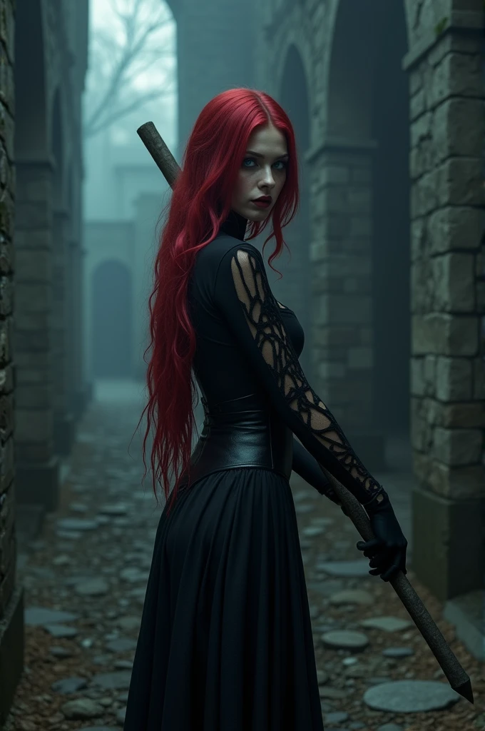 a beautiful gothic woman in a sensual outfit, long red hair, piercing blue eyes, detailed face, standing in a dark Romanian castle setting, impaling her male victims with a sharp wooden stake, dramatic lighting, mist, cinematic composition, dramatic, photorealistic, 8k, high quality, dark fantasy, dramatic