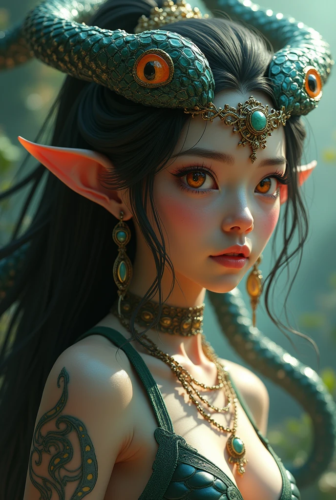 A cute young naga girl Multiple Views, Masterpiece, Anatomically Correct, Tentacle Hair, Devil Pupils, Orange Eyes, Snake Pupils, Character Sheet Full-Length, Jewelry, Hair Ornament, Reflection Light, Cinematic Lighting, Depth Of Field, 3D Rendering, Cinematography, Cinematic, Digital Art, Unreal Engine, full complete body details view.
