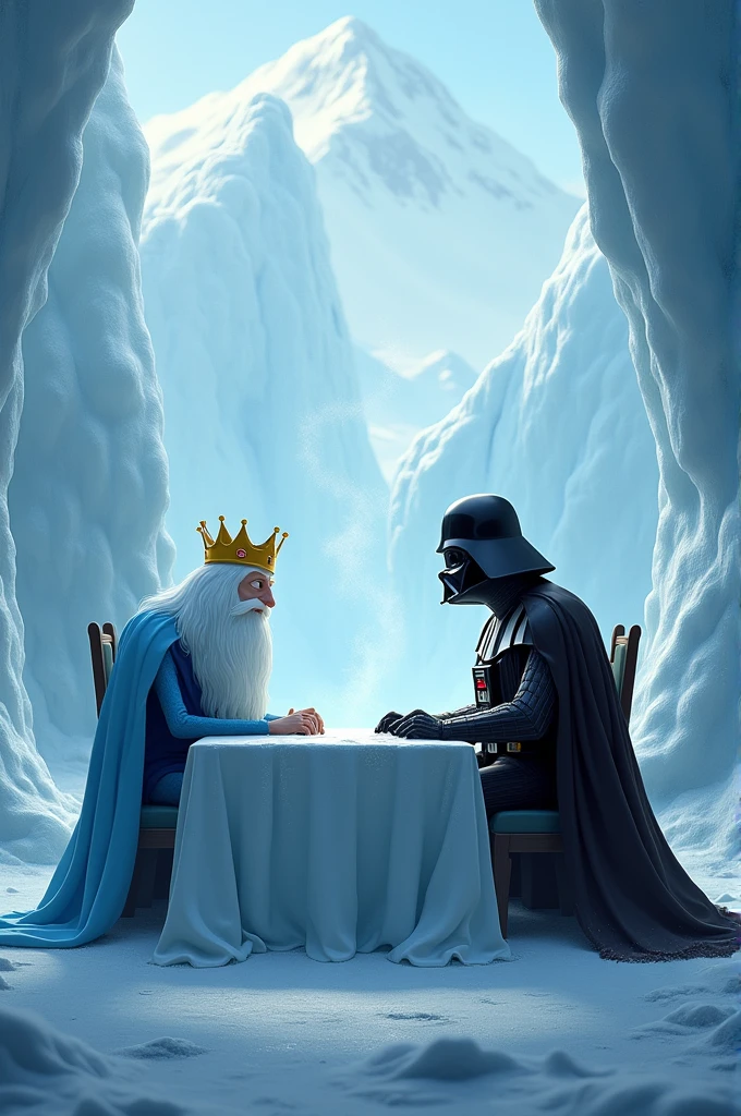 The Ice King from Adventure Time, sitting at a table with Darth Vader