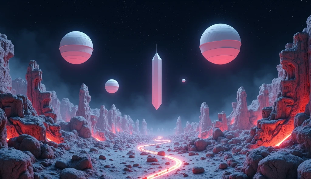 Floating geometrical 3D shapes levitating above ground on a weird landscape filled with old mechanical parts remnants from past civilization. Odd shapes of rock formations are scattered around with glowing neon lights emerging from the ground. It's night time and you can see deep space with pitch black sky with millions of stars and planets. Realistic, hyperrealism, high resolution, 4k hdr, volumetric lighting, extreme quality, sharp details, extremely detailed render. Photography, Photorealistic, realism, extreme detail, high quality graphics, ultra realistic, hyperrealism, high resolution, extreme quality, masterpiece, 4k hdr