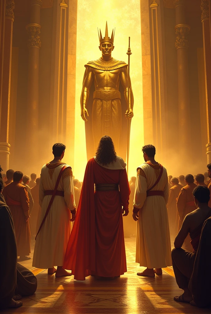 Create a dramatic and vibrant scene that shows Shadrach, Meshach and Abednego desafiando o decreto do rei. En el centro de la imagen, highlight the three young Hebrews, firm and standing, visibly determined and courageous, while everyone around him is kneeling in worship before a large, imposing golden statue of the king. The contrast between the three young men and the kneeling crowd must be striking.. The scene should convey an atmosphere of tension and bravery.. The background should show a grand and opulent environment, with the statue of the king in the spotlight and the crowd of kneeling subjects, reflecting the oppressive and authoritarian environment of the palace. Be sure to capture the expression of steadfastness and faith on Shadrach's face., Meshach and Abednego, contrasting with the submission and fear of others."