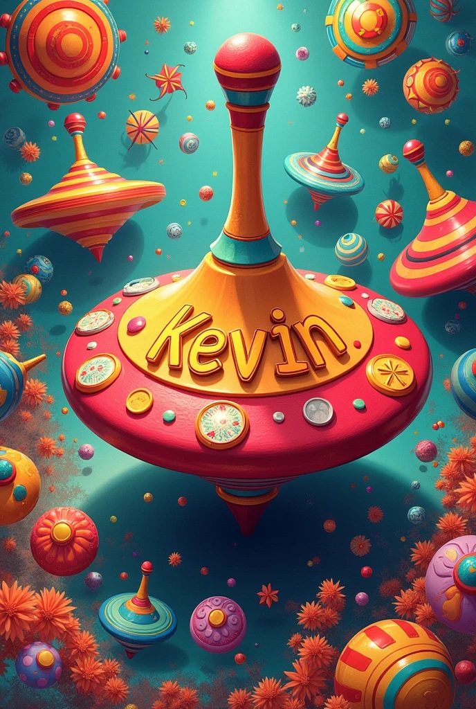 Plastic spinning top toy with the name Kevin colorful collage of spinning tops