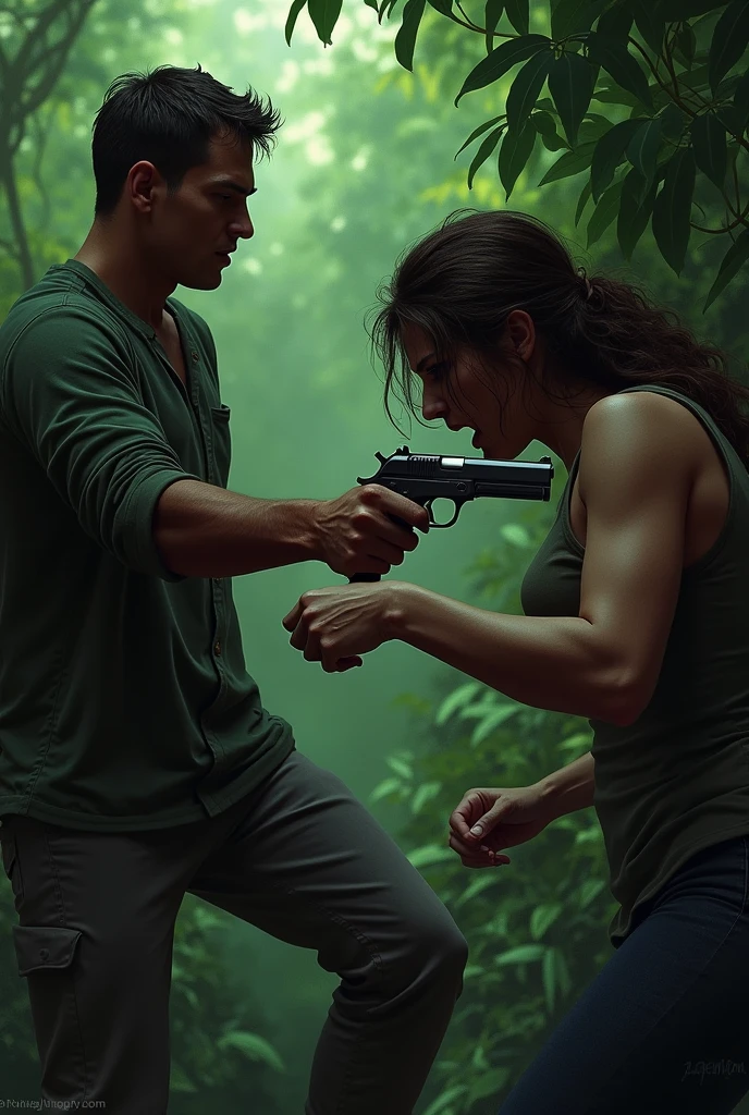 Someone is killing to gun on head someone with green shooting background