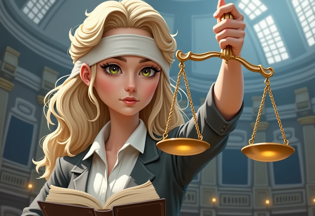 a lady holding a scale and a sword in her hand, Greek Titan goddess Themis, by Pablo Munoz Gomez, justice, zodiac Libra sign, by László Balogh, by Nicolas Marsicano, Libra, Libra symbol, Lt. Alexander Kucharsky, Lt. Eugeniusz Zak, by Ignacio Zuloaga, "A lawyer represented as Lady Justice.. She is dressed in a modern, dark grey tailored suit with a white blouse, standing confidently. She is wearing a blindfold, symbolizing impartiality, and holds a pair of traditional scales in one hand and a book in the other. His expression is calm and determined... The background shows a large courtroom.,