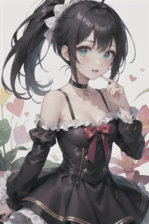 (Highest quality)、(Highest quality)、cute、(choker).eyes are emerald、(ponytail)、(Black Hair)、