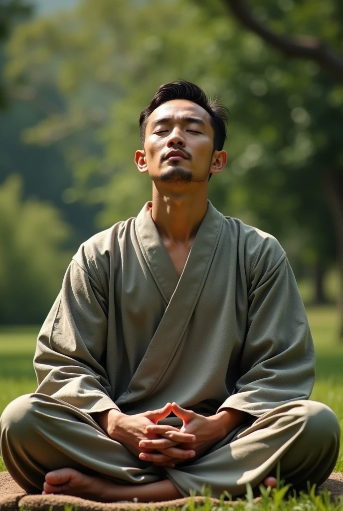 (photorealism:1.2), asian beautiful man doing healing work, meditation, spiritual, peace. powerful, genuine, in open air by the nature openness, 16:9 format