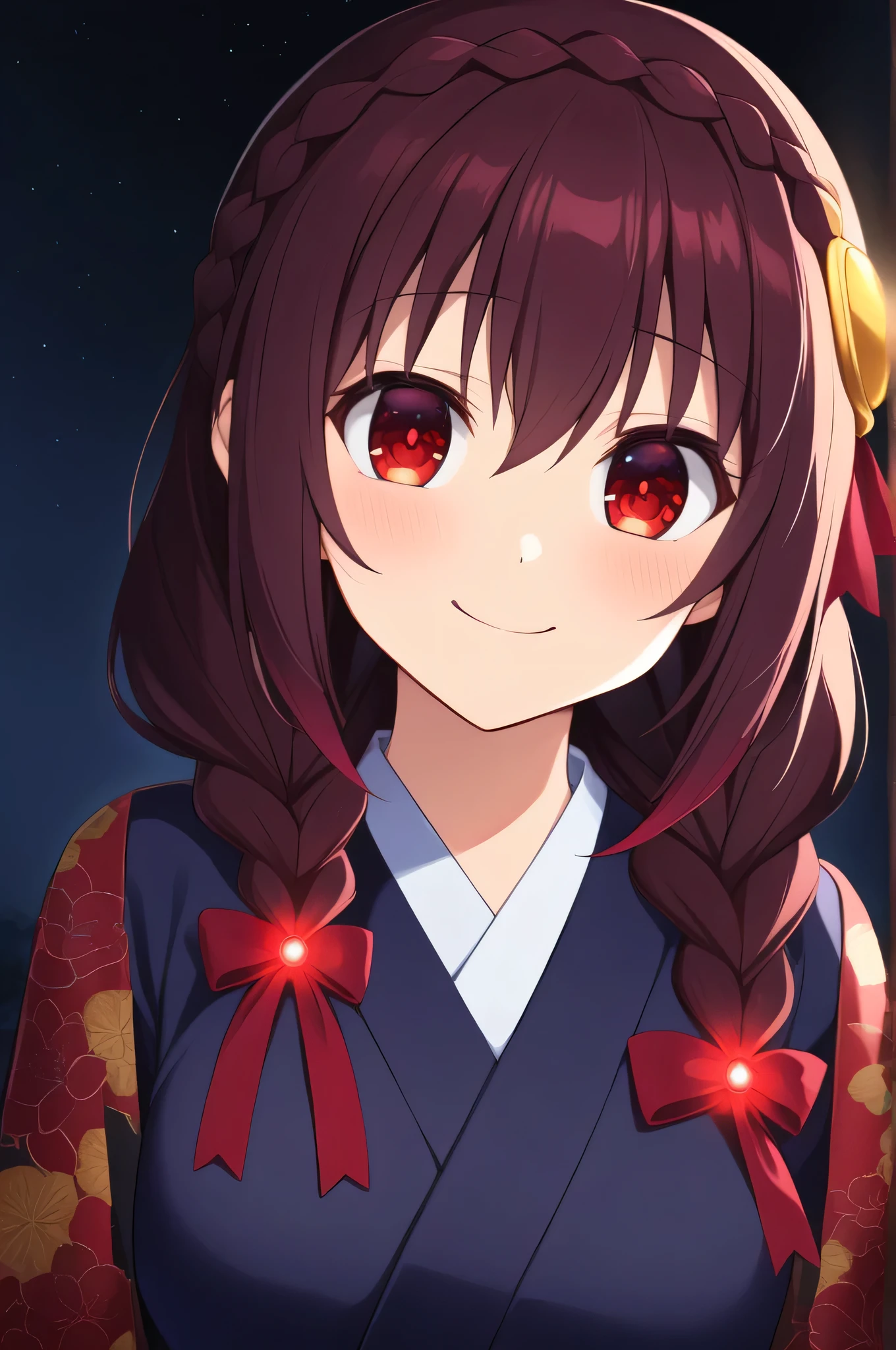 alone, One person, Yunyun, (Mouth open)、 (A shy smile:1.8)、Crown braids of the same color as your hair, (Glowing red eyes:1.8)、(eyes shine red:1.8)、hair ornaments,(Pale blue kimono with red floral pattern and red obi、Starry Sky、(Eyes glowing red in the darkness:1.8)