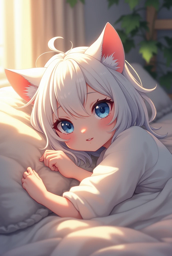 Top quality, high resolution, perfect human anatomy, background focus, front view, seven-color hair, glowing hair, cat ears, baby, child, age 0, crib, living, heterochromia, teeth, shining hair, gradient eyes,